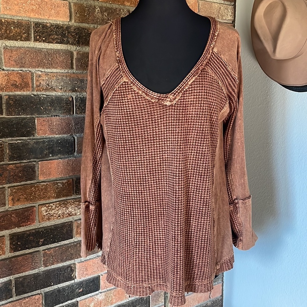 Brown Waffled Women's V Neck